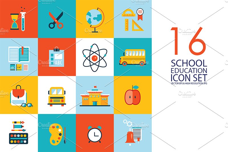 16 school & education flat icons set cover image.