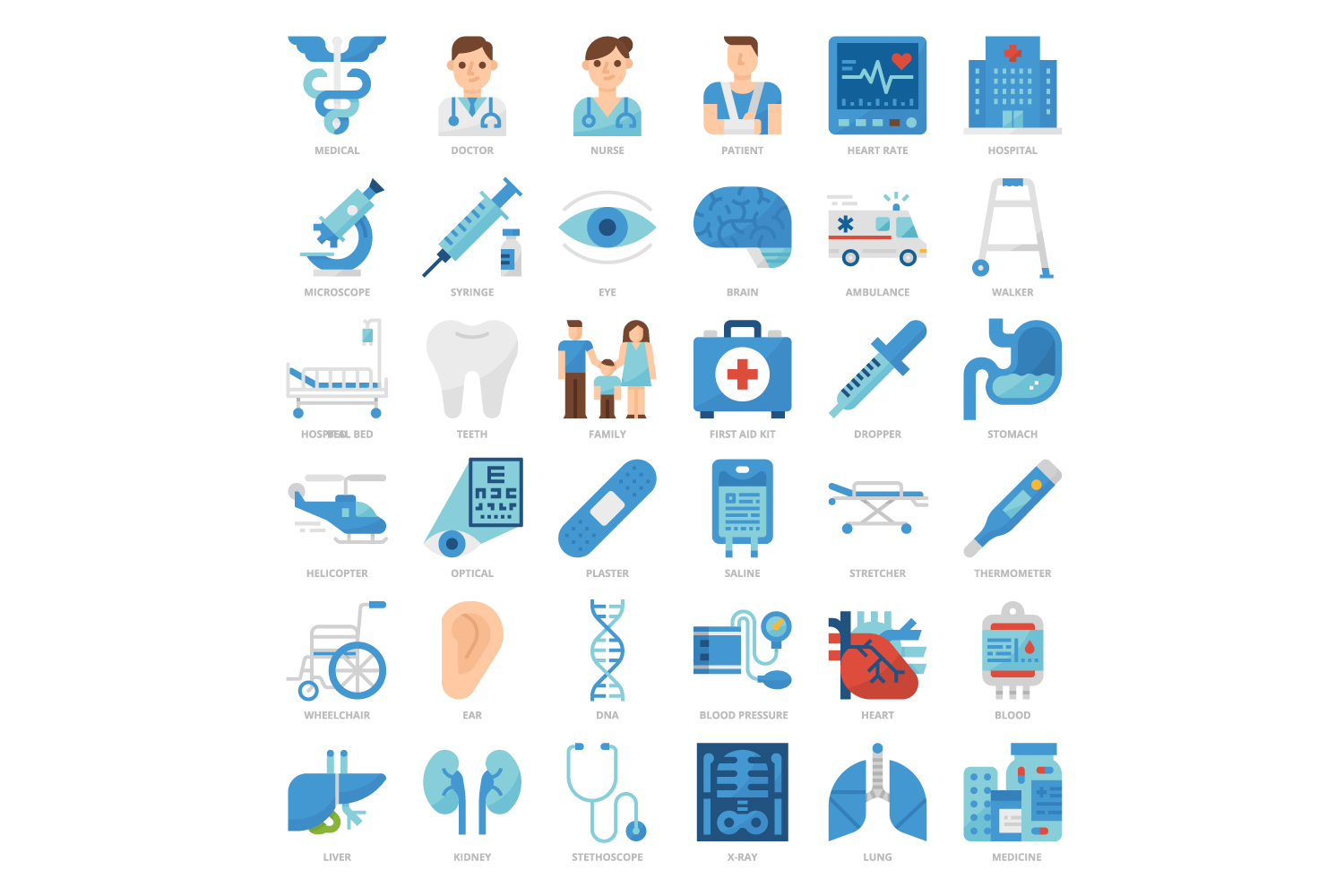 Blue and white poster with medical icons.
