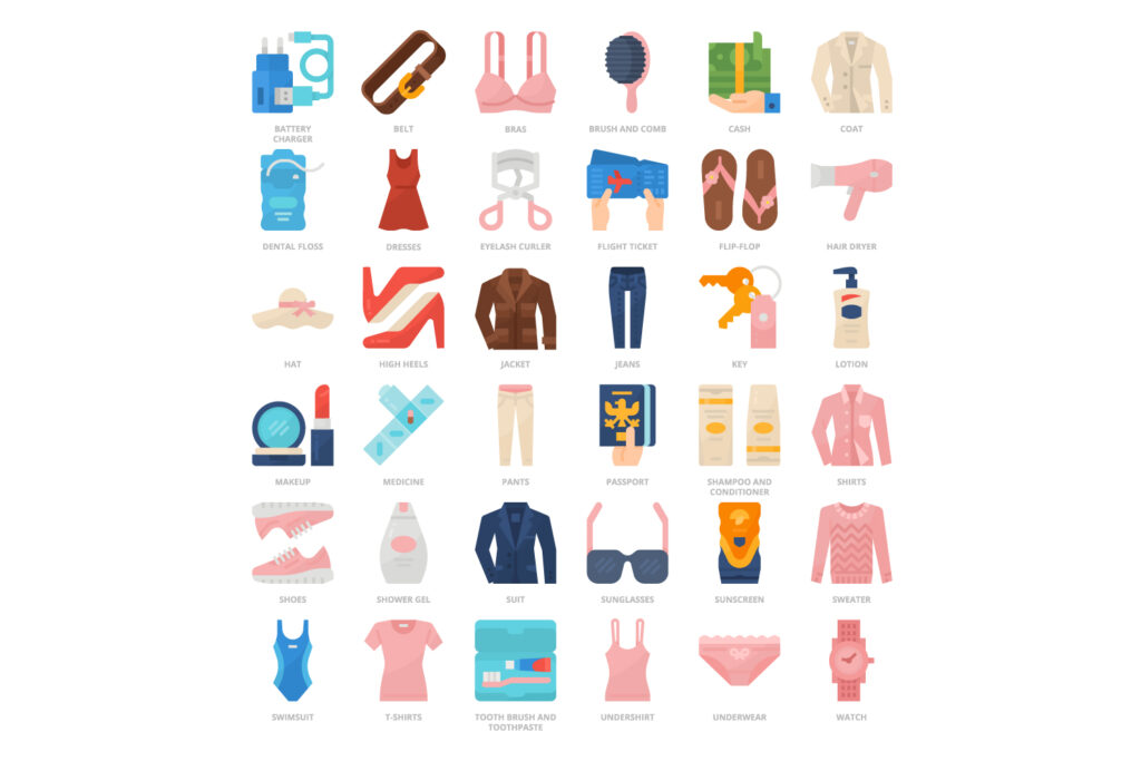 36 Women Travel Packing List Icons Set x 4 Styles - MasterBundles