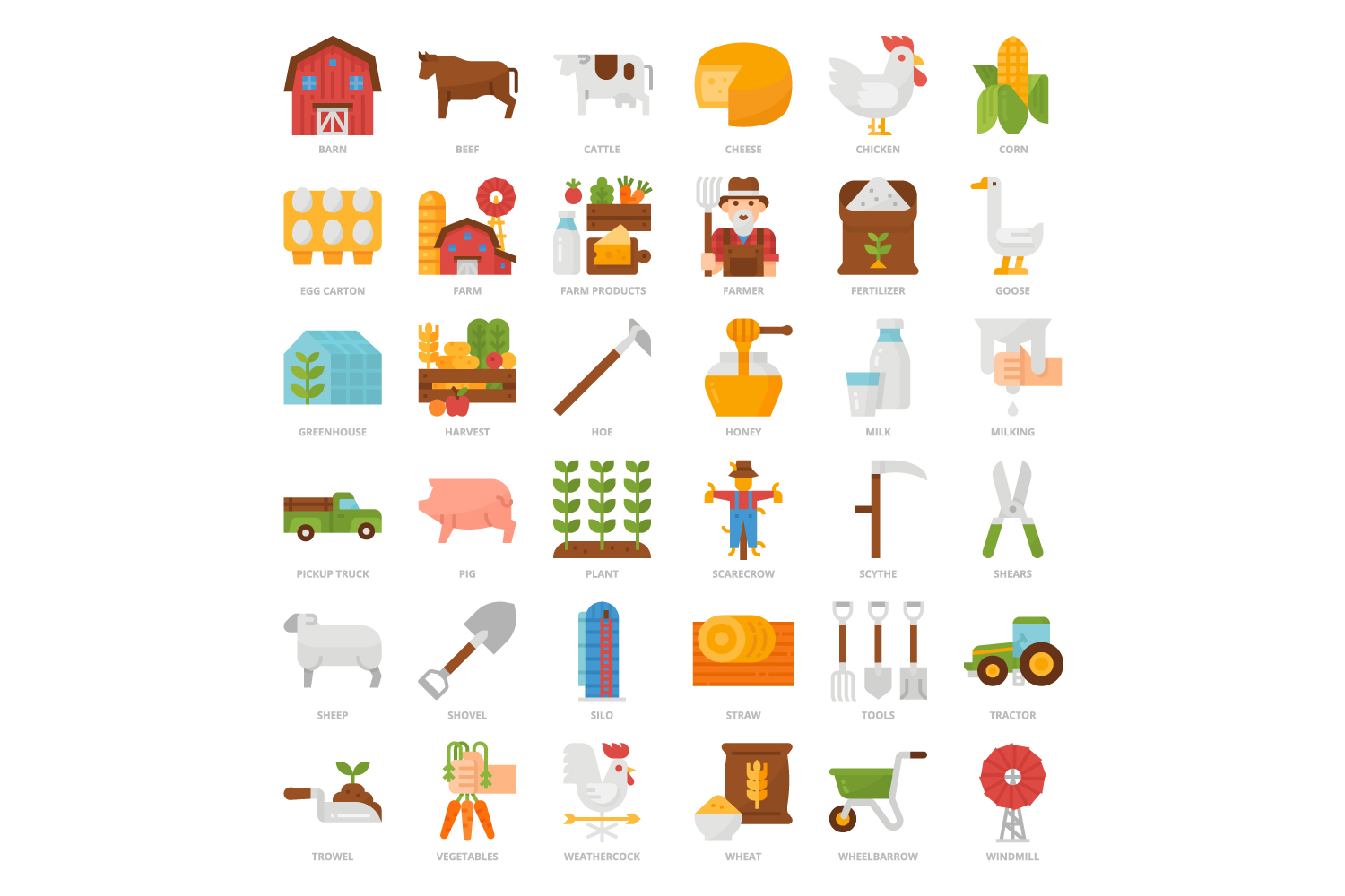 Set of farm related icons in a flat style.