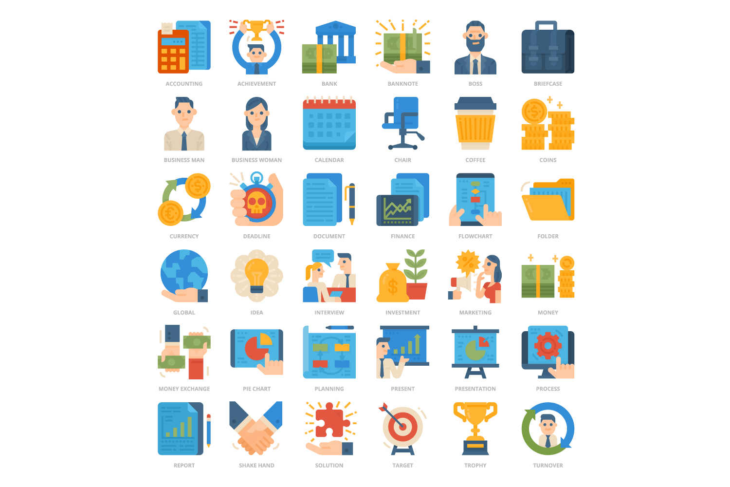 Set of flat icons depicting different things.