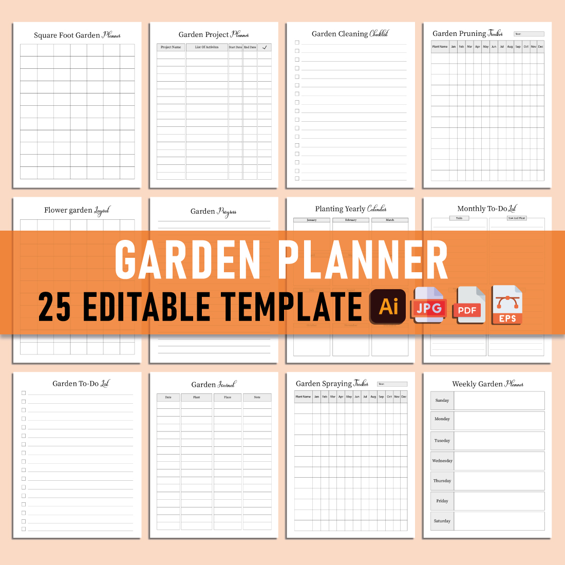 Garden planner is shown with the text garden planner 25 editable templates.