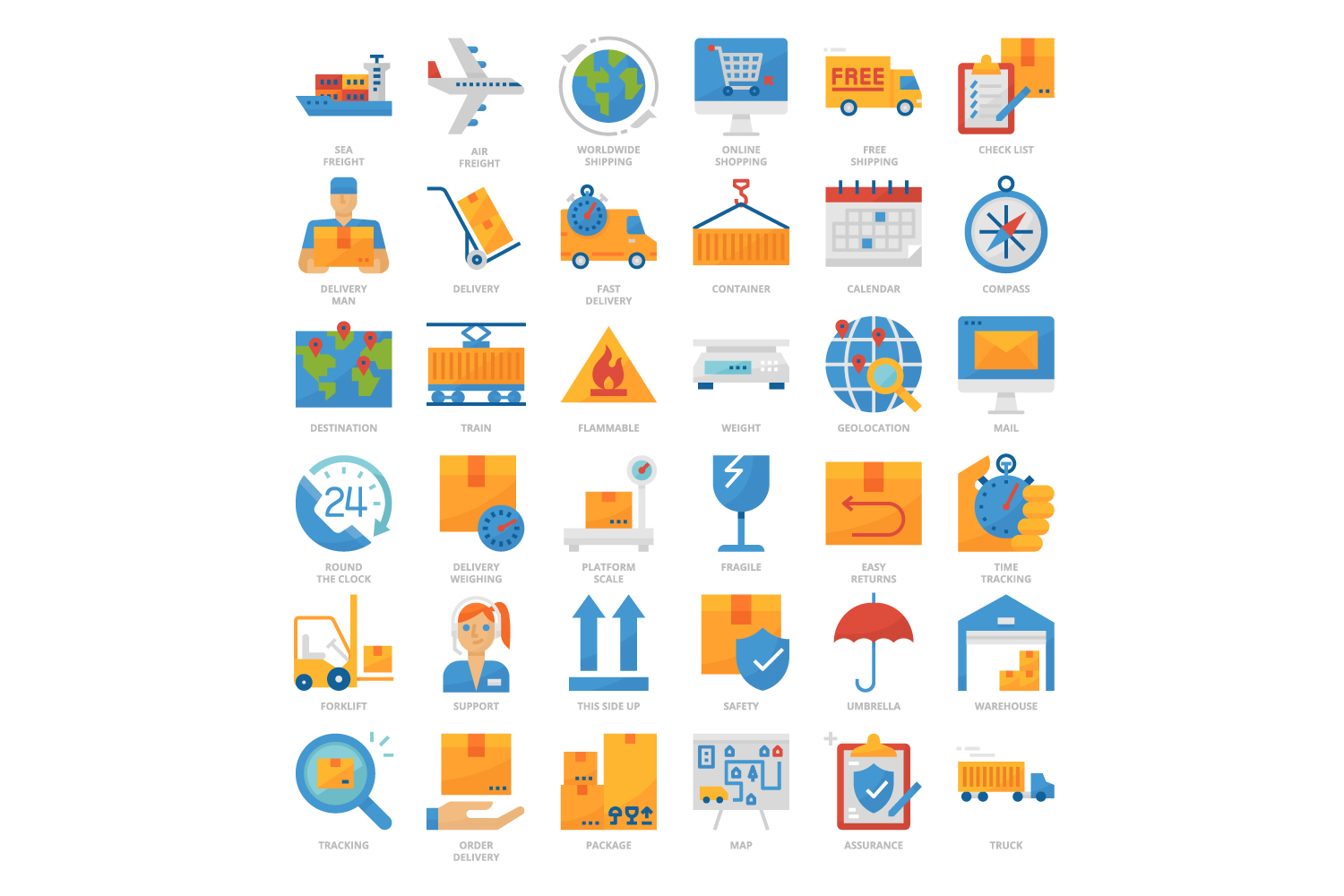 Set of flat icons depicting different types of transportation.