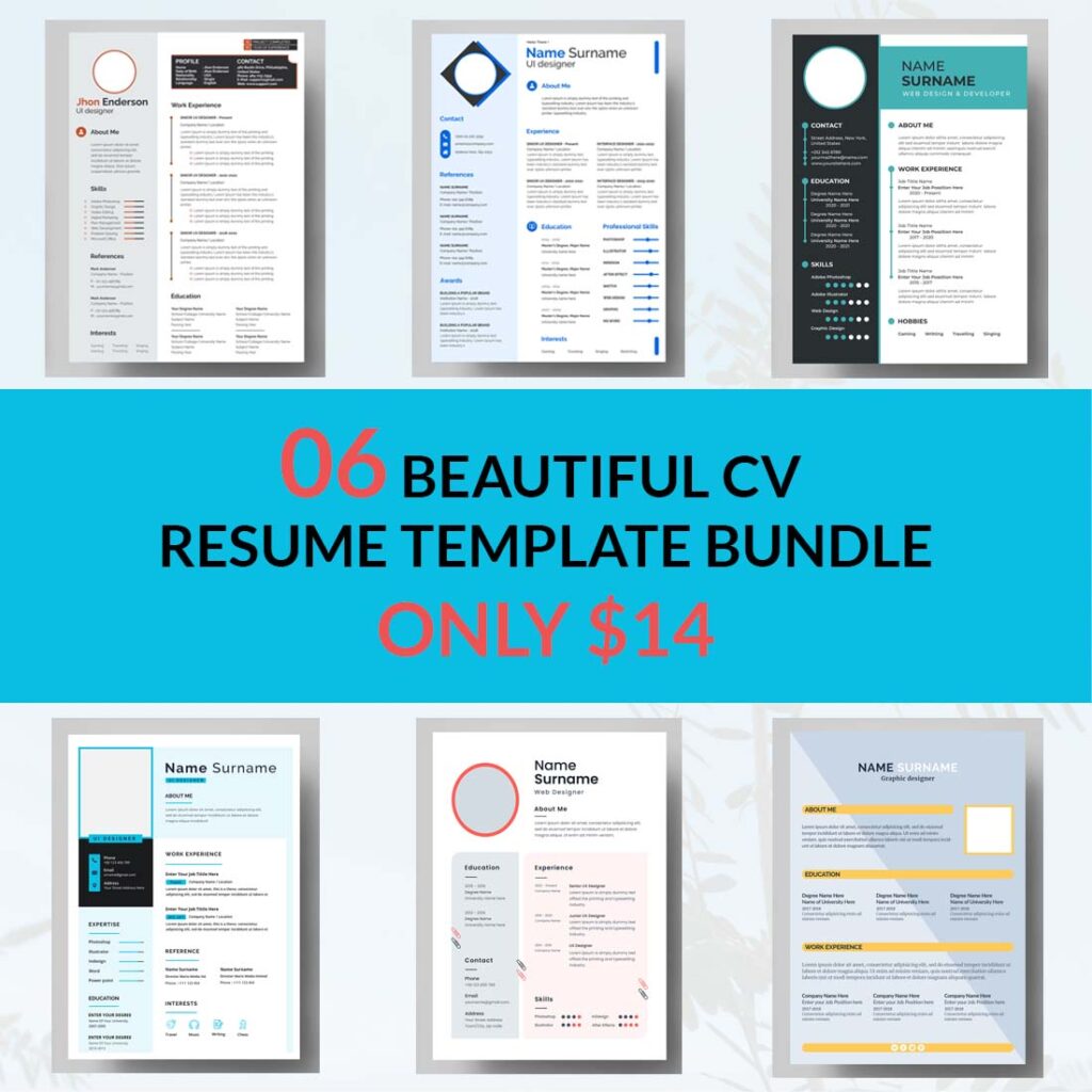 06 BEAUTIFUL CV RESUME TEMPLATE BUNDLE ONLY $14 - MasterBundles