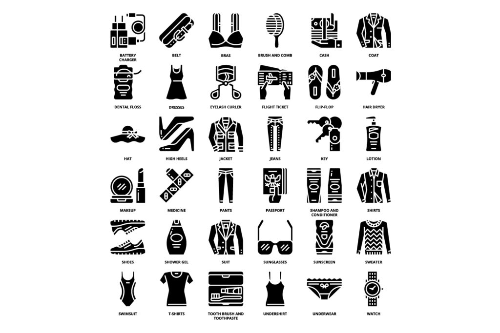 36 Women Travel Packing List Icons Set x 4 Styles - MasterBundles