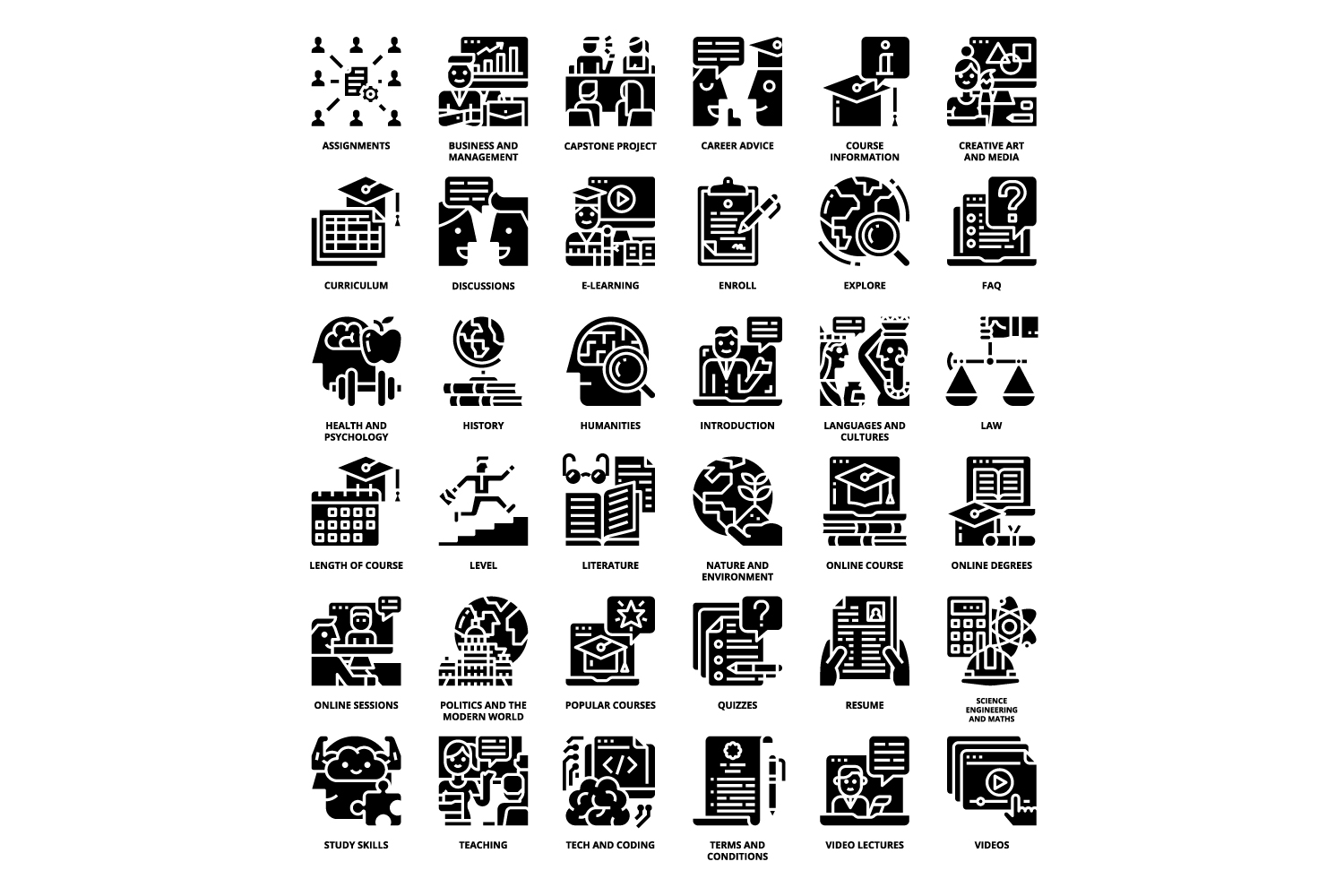 Series of black and white images with different symbols.