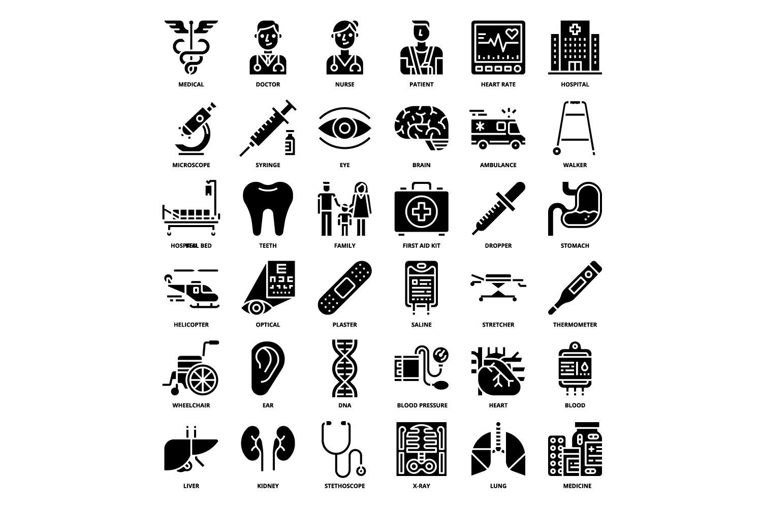 Black and white image of medical icons.