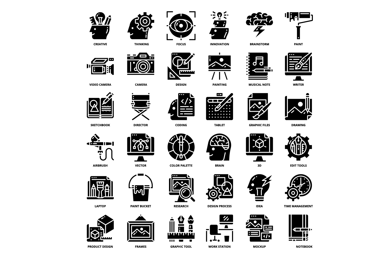 Series of black and white icons depicting different things.