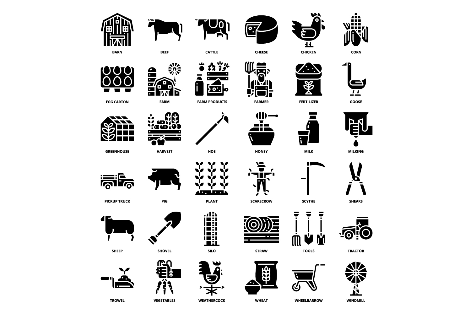 Black and white image of farm icons.