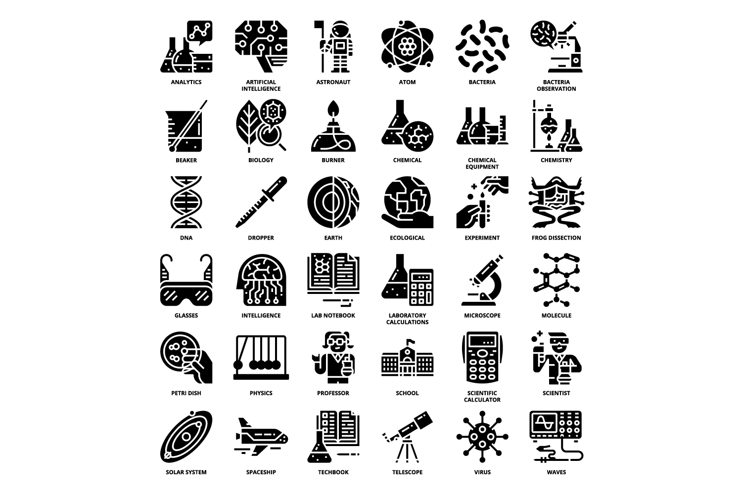 Set of black and white icons of science.