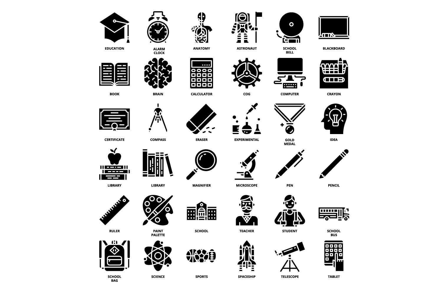 Set of black and white icons on a white background.