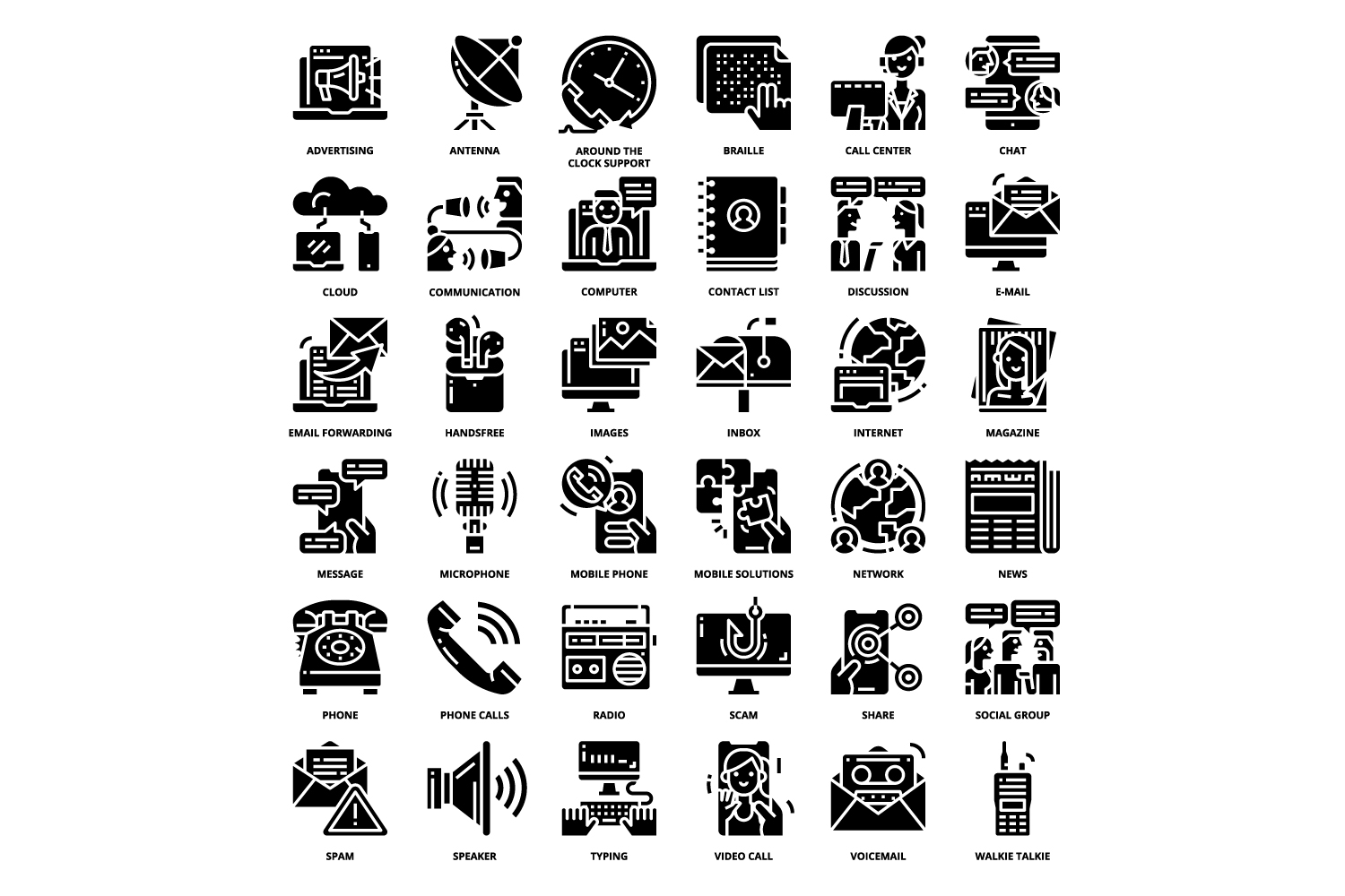 Set of black and white icons depicting different things.