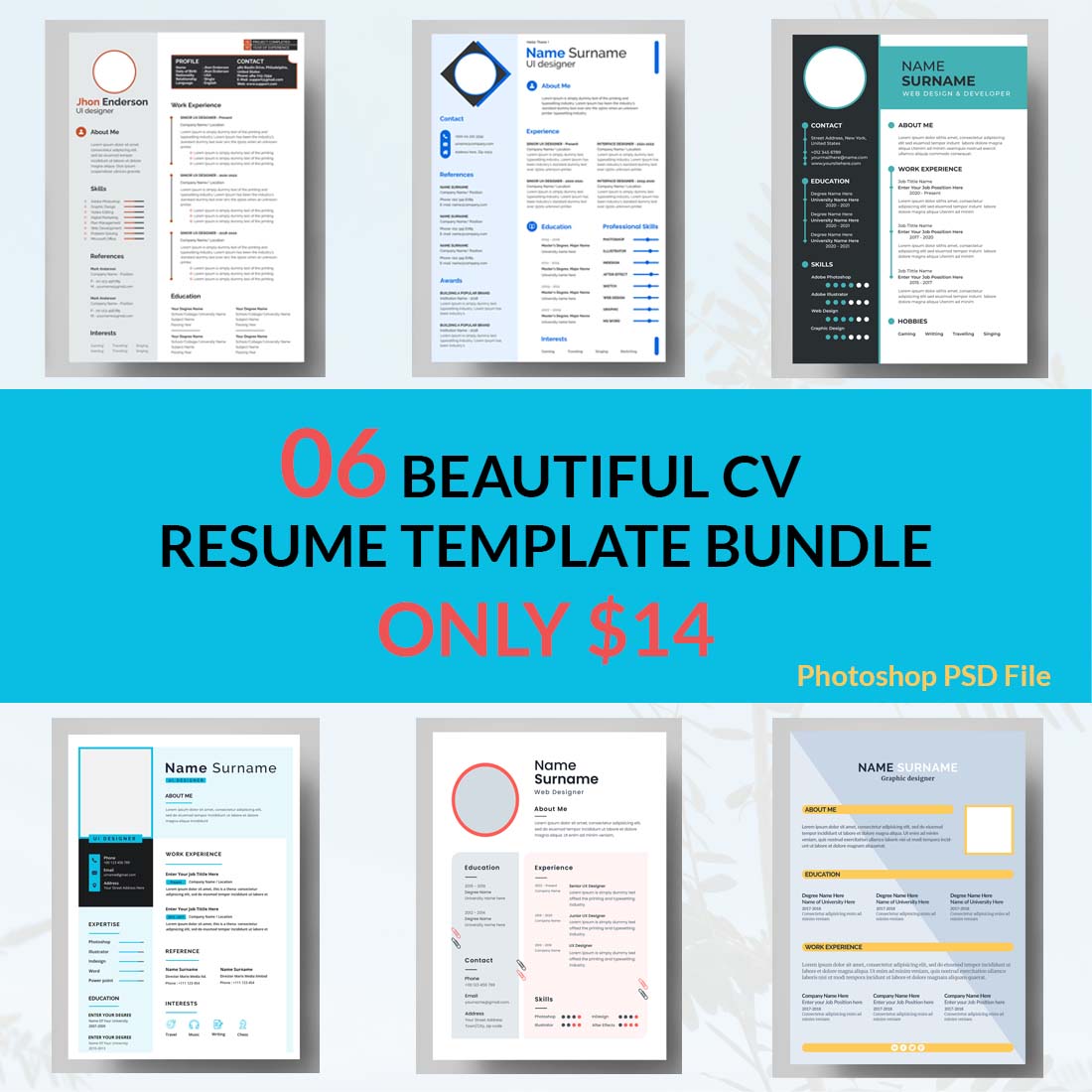 Bunch of different resume templates on a blue background.