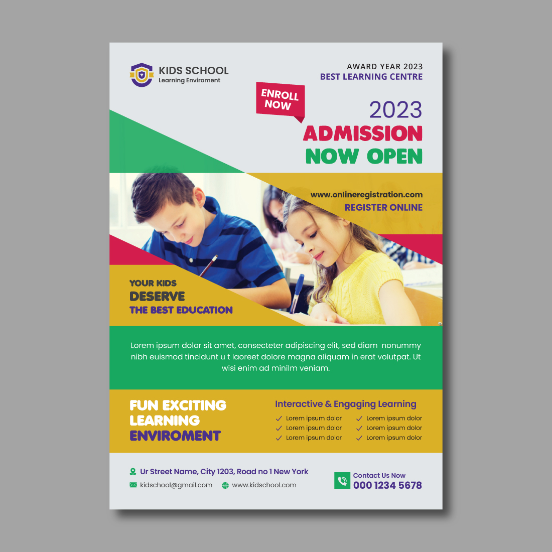 Kids Education Flyer Design Template preview image.