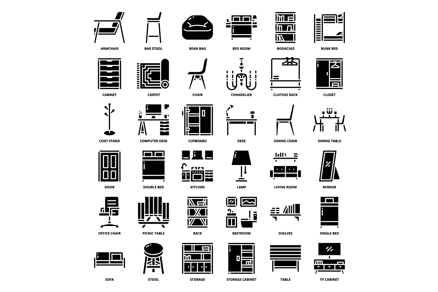Black and white image of furniture and appliances.