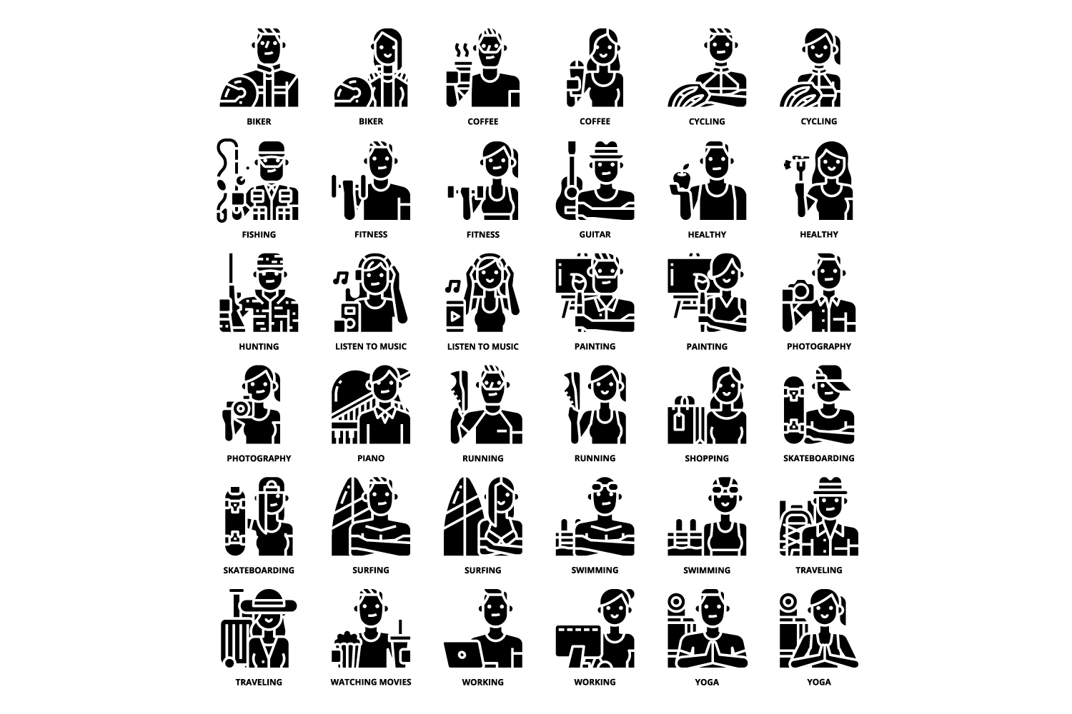 Large set of black and white icons.