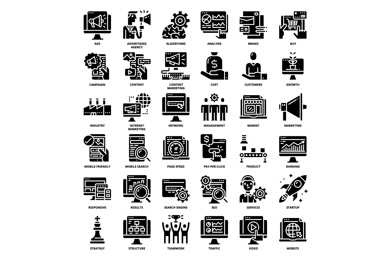 Series of black and white icons.