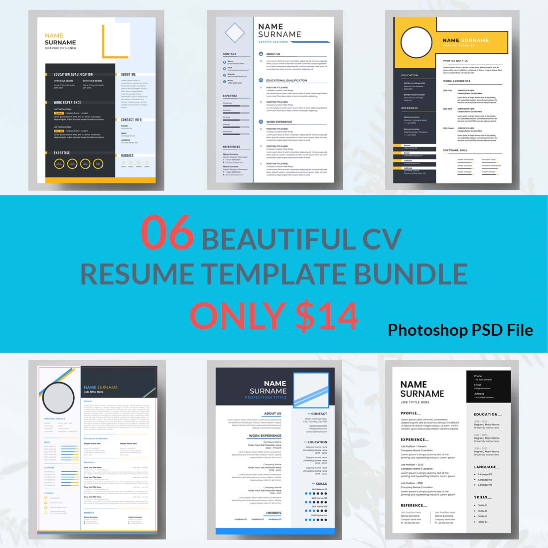 Bunch of different resume templates on a blue background.