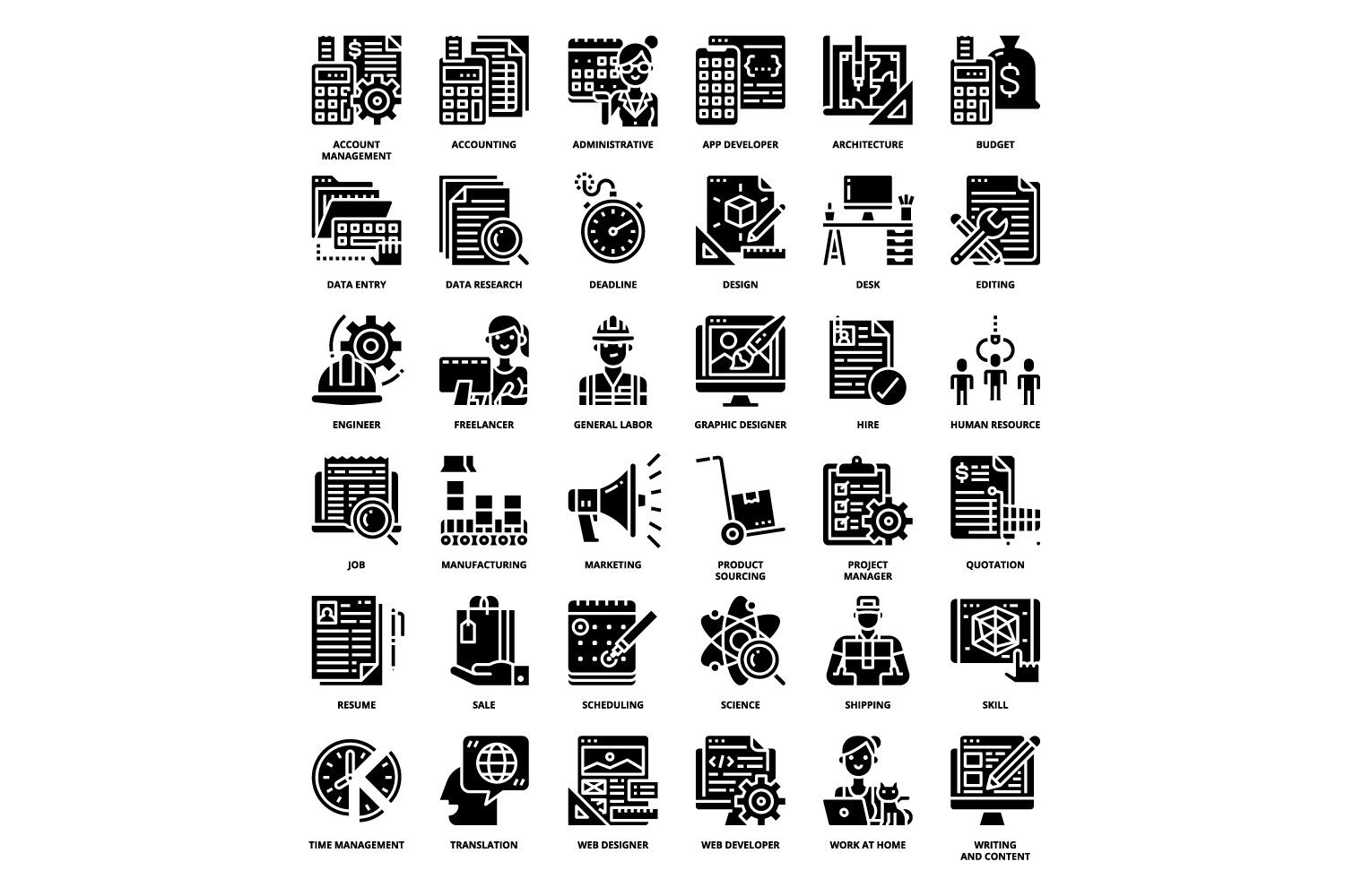 Series of black and white icons depicting various things.
