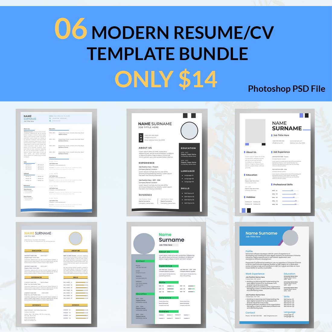 06 MODERN RESUME/CV TEMPLATE BUNDLE ONLY $14 preview image.