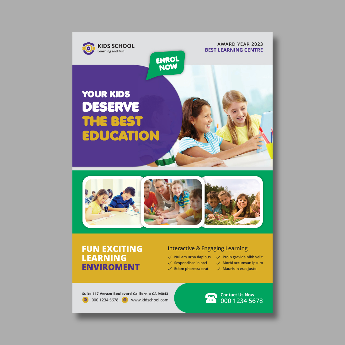 Kids Education Flyer Design Template preview image.