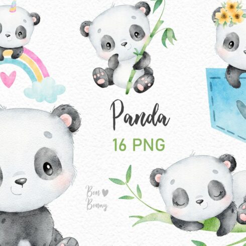 Cute Panda Watercolor Clipart cover image.