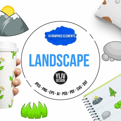 Landscape icons set, cartoon style cover image.