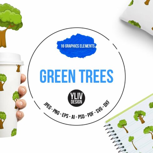 Green trees icons set, cartoon style cover image.