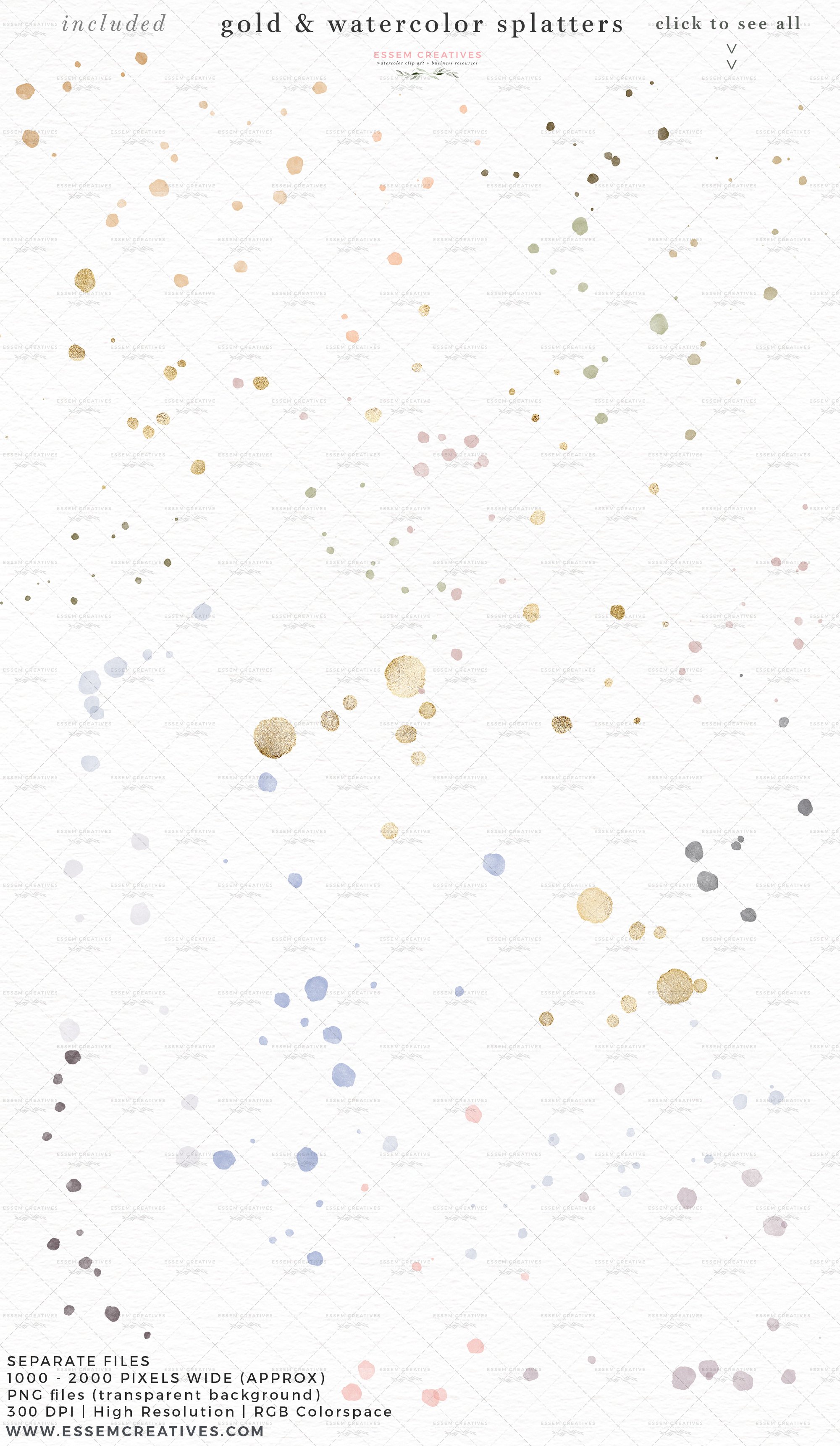 Gold Watercolor Paint Splatters PNG preview image.
