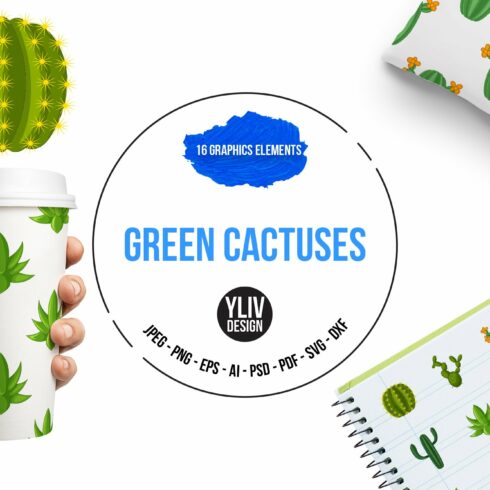 Green cactuses icons set, cartoon cover image.