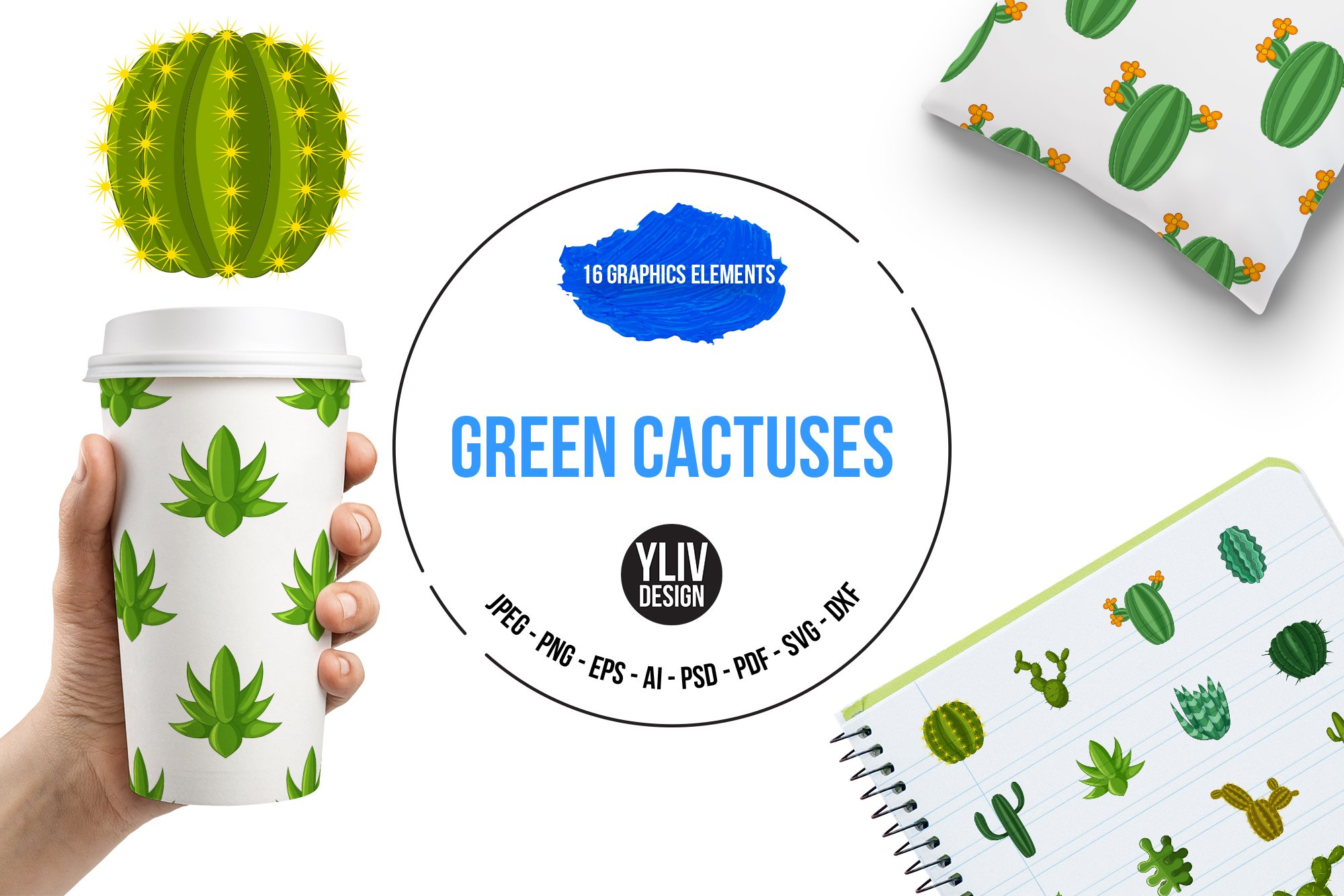 Green cactuses icons set, cartoon cover image.