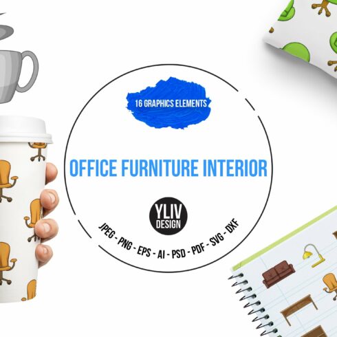 Office furniture interior icons set cover image.