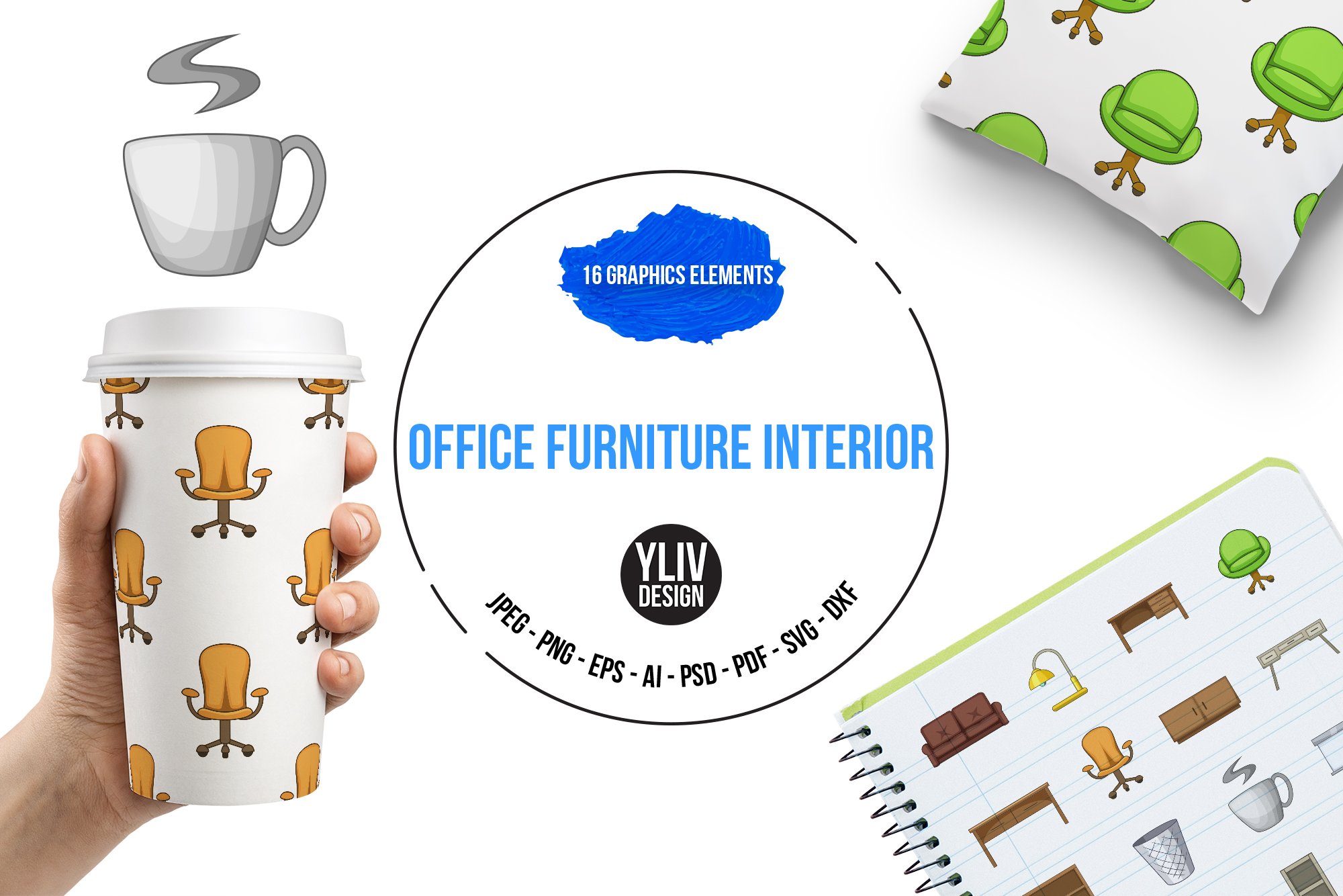 Office furniture interior icons set cover image.