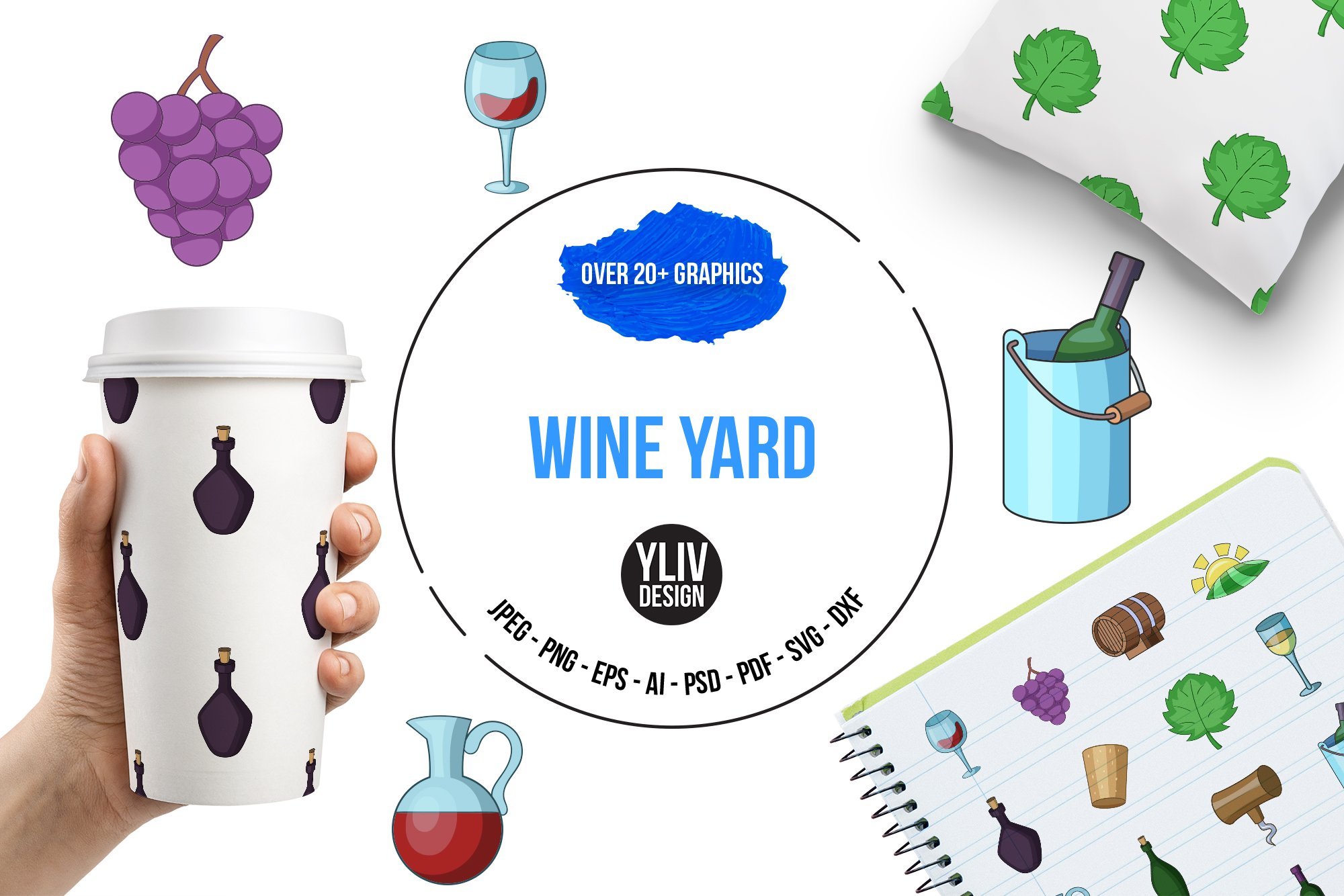 Wine yard icons set, cartoon style cover image.