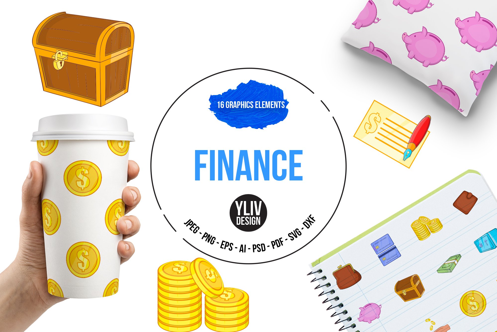 Finance icons set, cartoon style cover image.