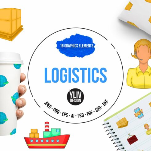 Logistics icons set, cartoon style cover image.
