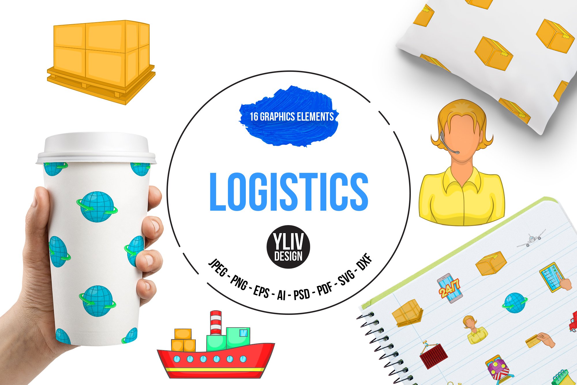 Logistics icons set, cartoon style cover image.