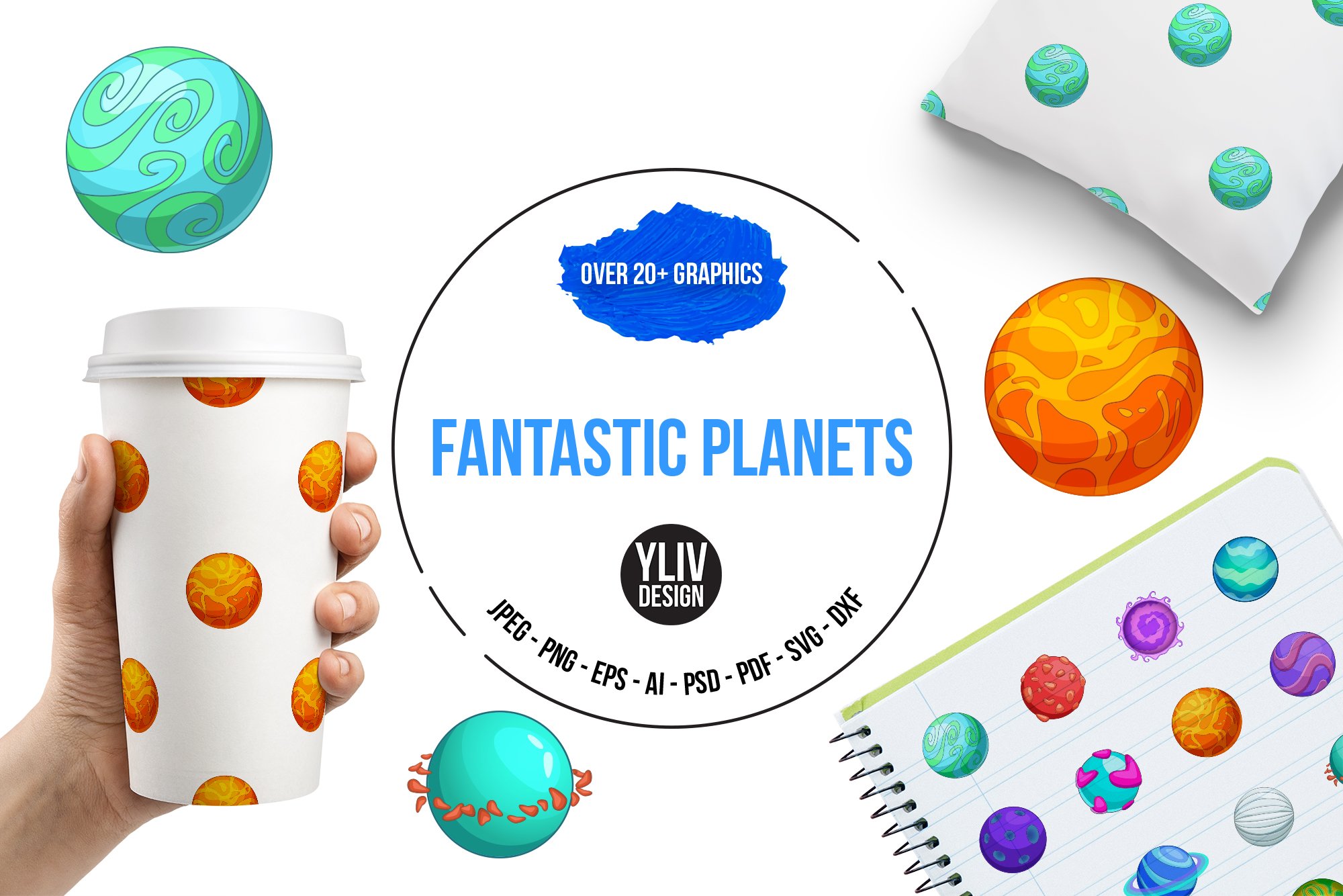 Fantastic planets icons set, cartoon cover image.