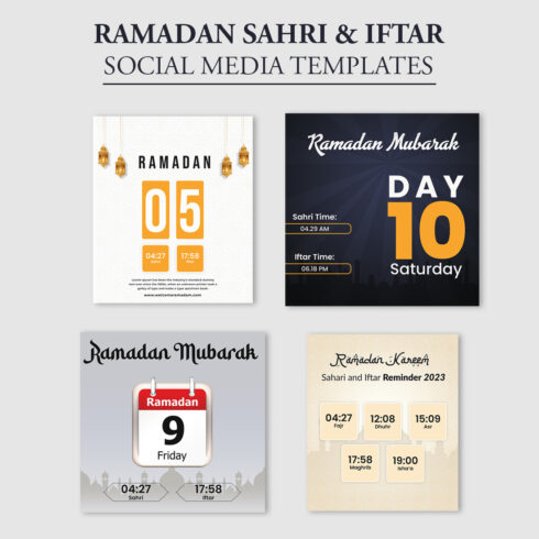 Ramadan sahri and iftar schedule post template PSD set for social media post cover image.