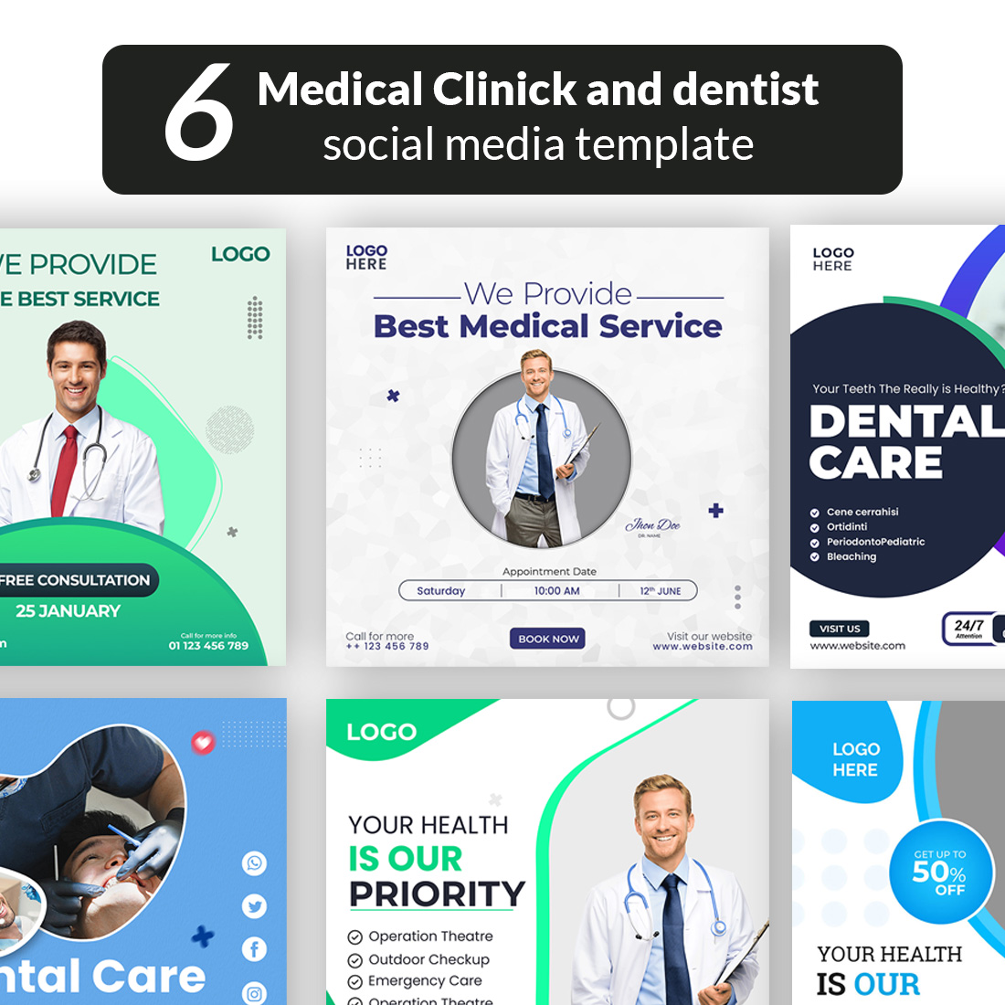 medical health clinic dental social media post template cover image.