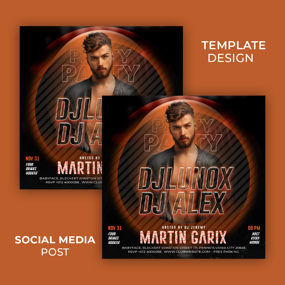 Dj party flyer soical media post and banner design template cover image.