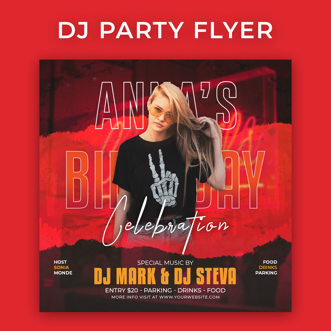 Flyer for a dj party with a picture of a woman.