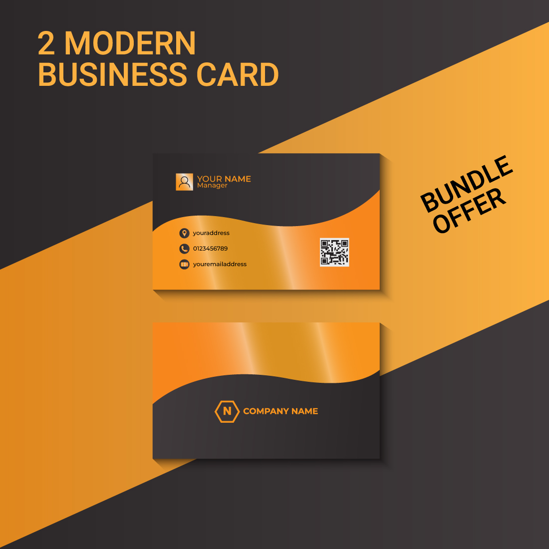 Business card with a gold and black design.