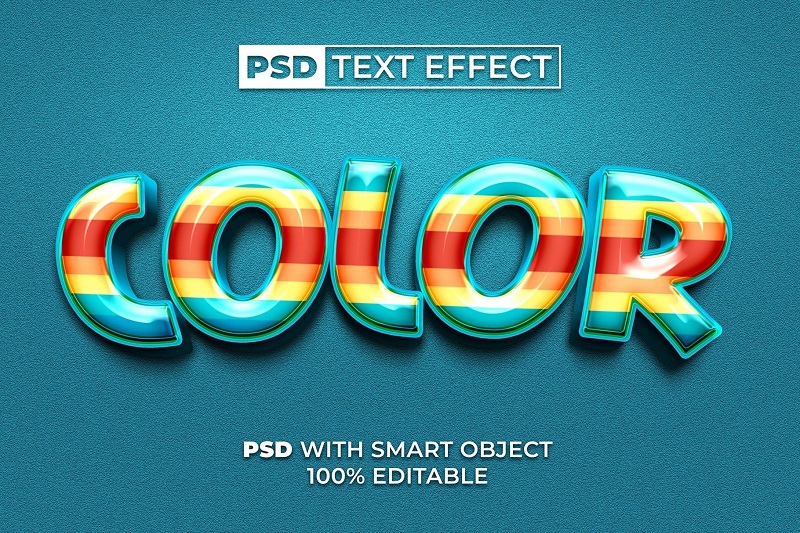 Colorful 3d text effect with a blue background.