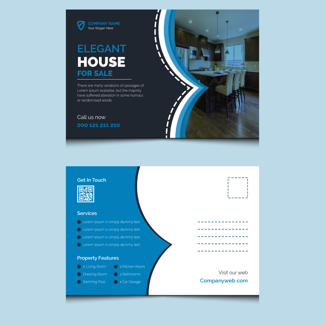 Modern real estate post card template design cover image.