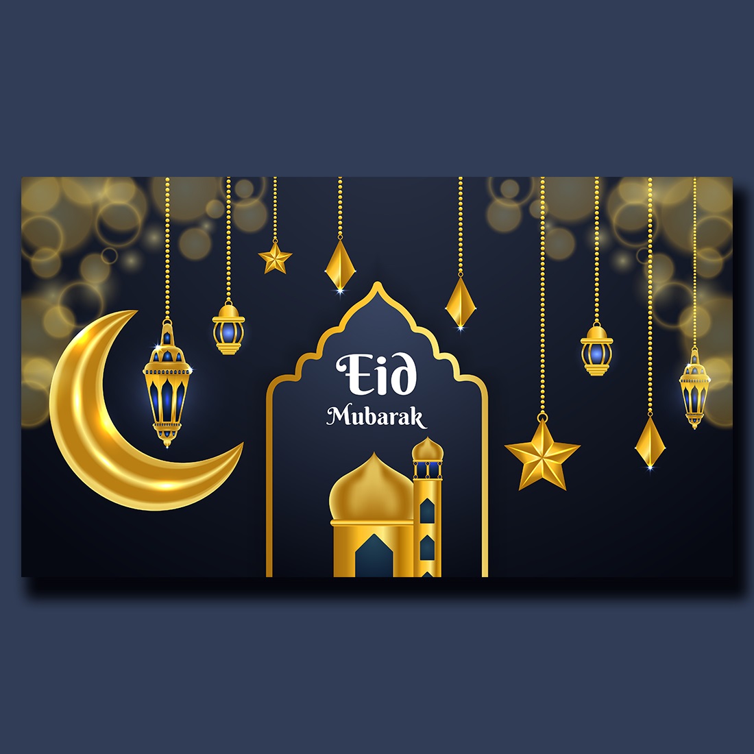 Realistic Eid Greeting Banner And Islamic Background preview image.