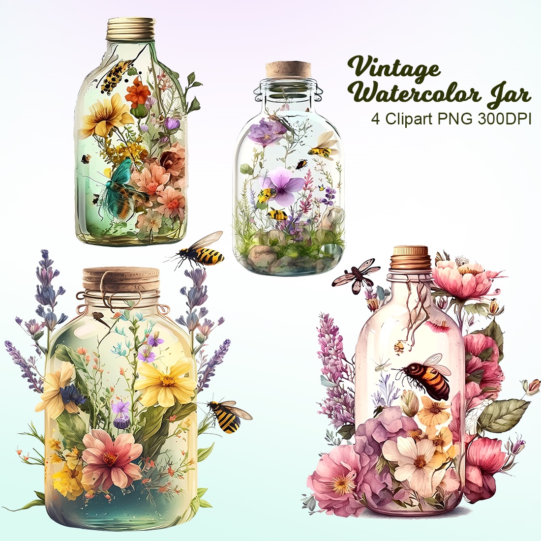 Beautiful Vintage Floral Watercolor Jar Clipart with transparent background cover image.