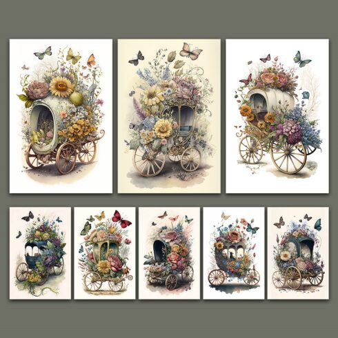A Beautiful Vintage Floral Watercolor carriage with flowers and butterflies Art Bundle cover image.