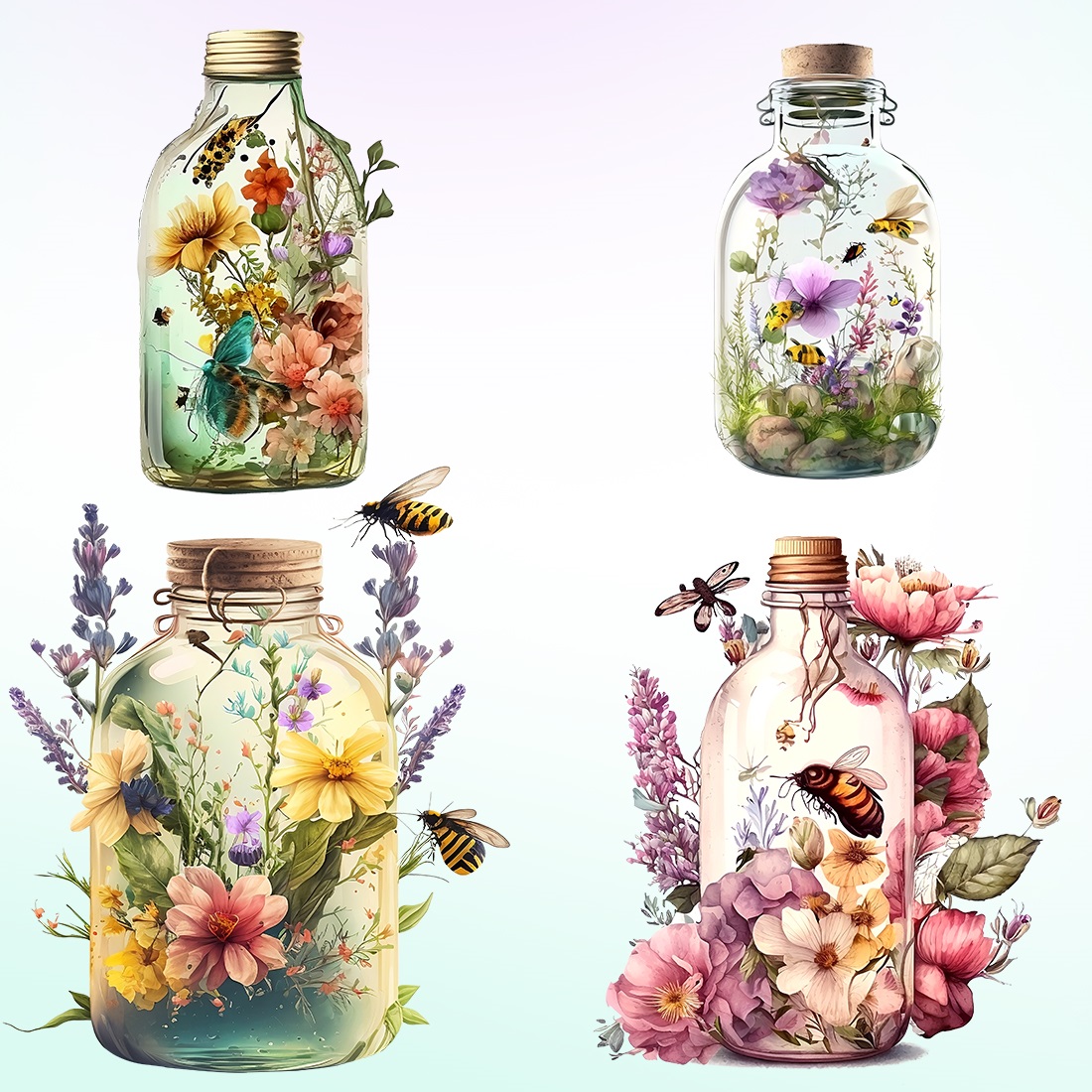 Beautiful Vintage Floral Watercolor Jar Clipart with transparent background preview image.