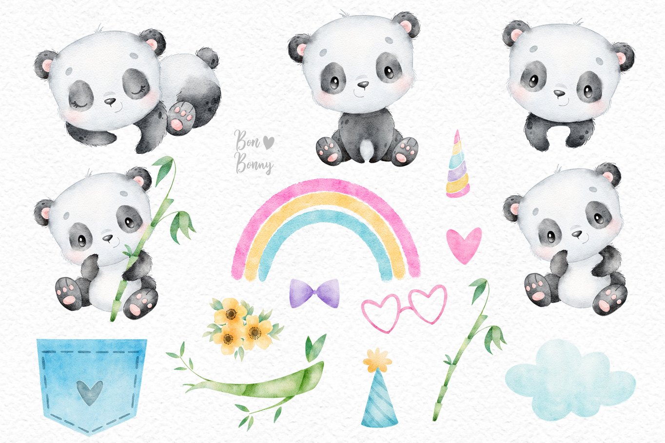 Cute Panda Watercolor Clipart preview image.